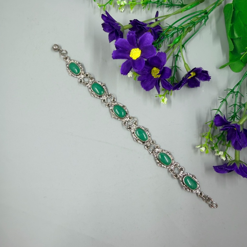 Silver Bracelet with Green Oval Faux Stones - Vintage 1990s Era